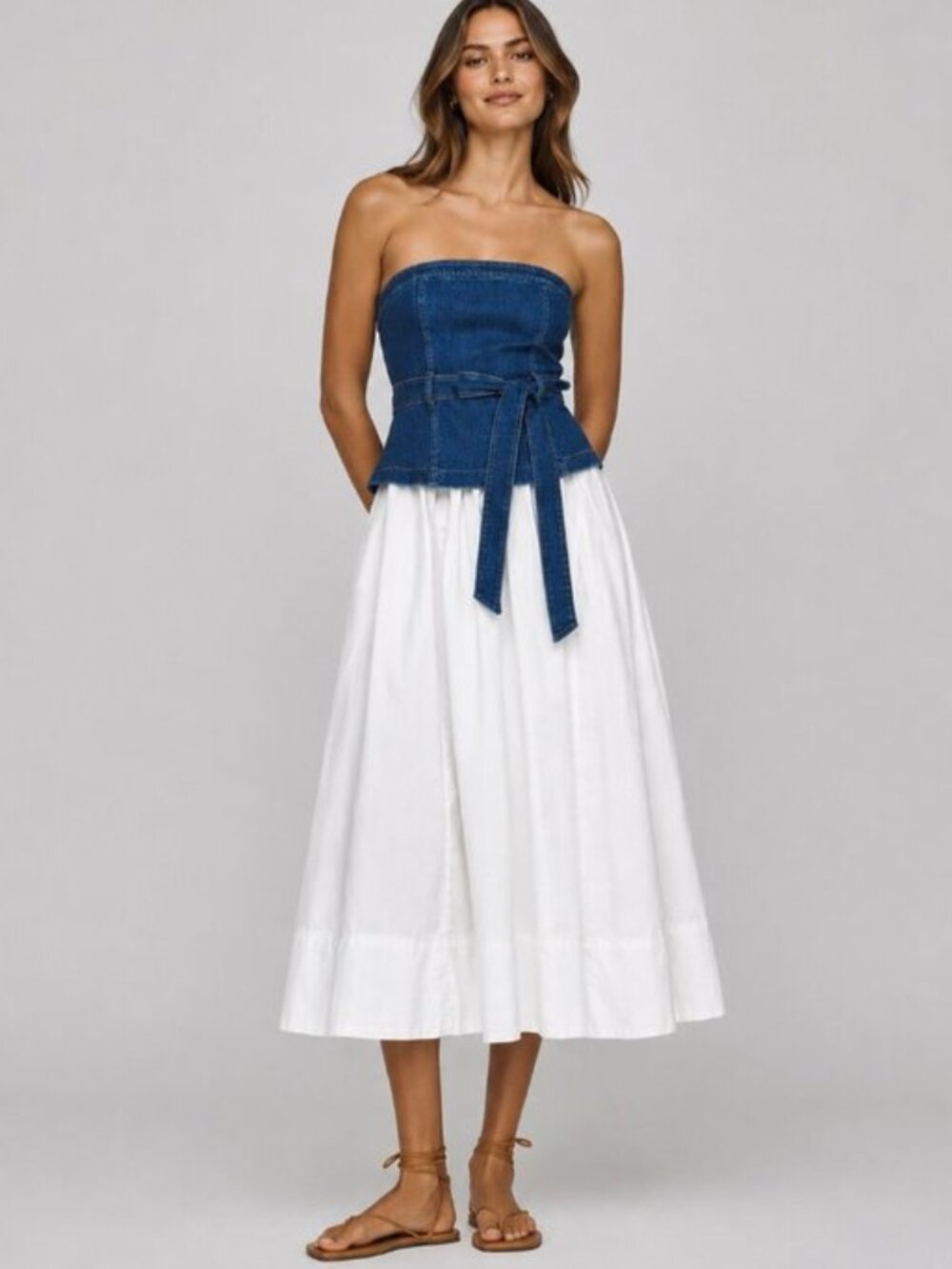 En Saison Anthropologie Harlow Mixed Media Denim Strapless Midi Dress Size S New